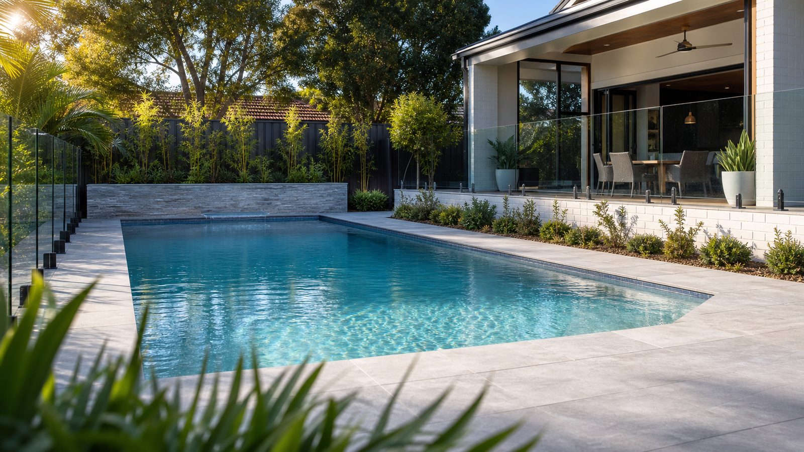 Luxury backyard pool with deep blue water and entertaining area